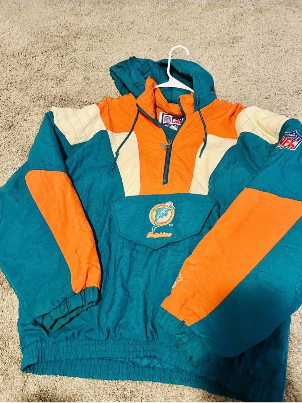 STARTER Teal & Orange Miami Dolphins Pullover Hooded Jacket Medium